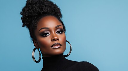 Confident African American woman with natural hair and striking features gazes into the camera against a light blue background