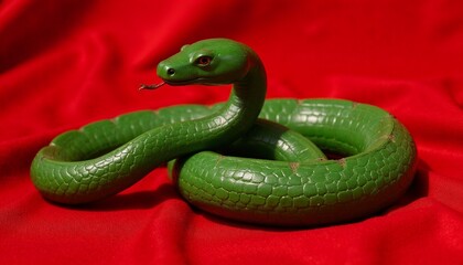 Decorative wooden snake sculpture painted in vibrant green with subtle wood grain texture resting on a red silk cloth