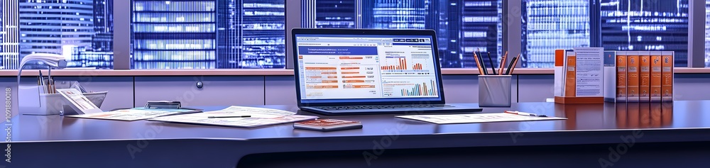 Poster a modern office desk with a laptop displaying data and documents.