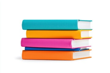 A stack of colorful books featuring bright covers, showcasing a vibrant display of orange, pink, teal, and yellow against a plain background.