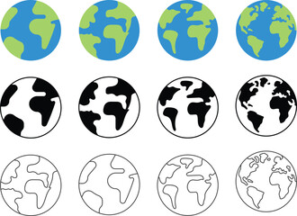 Obraz premium Globe planet vector set. Earth continents silhouette. Planet Earth icon Earth day flat symbol. Globe in different designs. World Map in circle. Earth Globes collection. World Map in modern