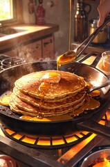 Pancakes with butter on a pan anime illustration