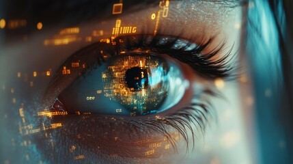 Animation of financial data processing and scope scanning over eye 