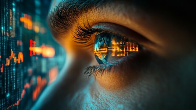 Animation of financial data processing and scope scanning over eye 