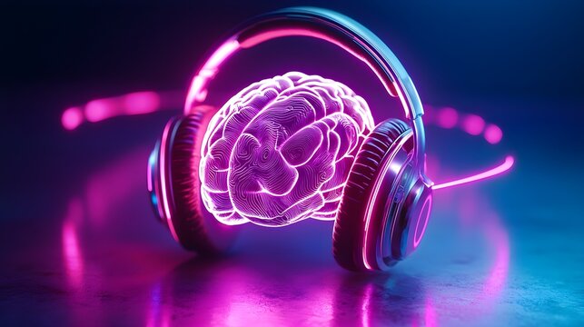Brain illustrated with soft, luminescent waves, headphones creating gentle, hypnotic rhythms; perfect for calm, mindful relaxation