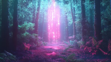 Obraz premium Mystical forest with pink light beam