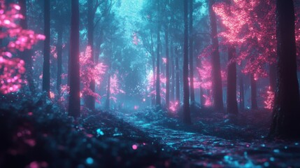 Naklejka premium Vibrant forest with pink blue lights