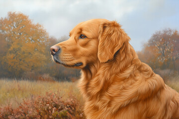 Obraz premium Majestic Golden Retriever Gazing Thoughtfully in a Serene Autumn Landscape Surrounded by Fall Foliage and Soft Natural Light