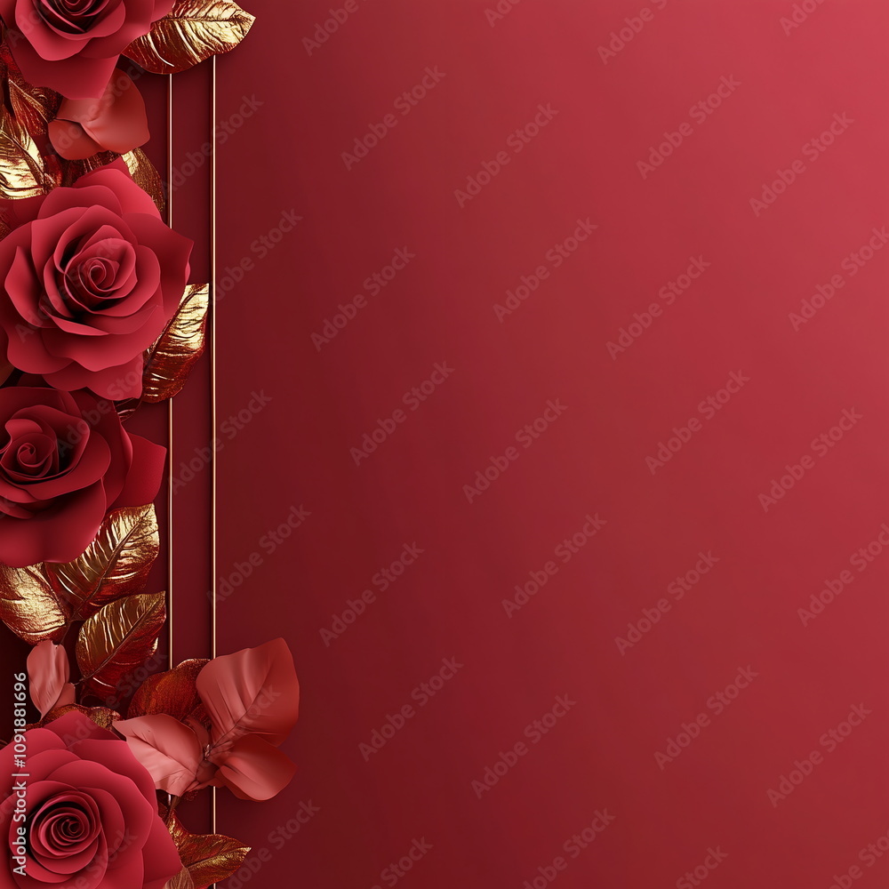 Fototapete deep red valentine's day scene with faint outlines of roses and kisses around the border, leaving a 