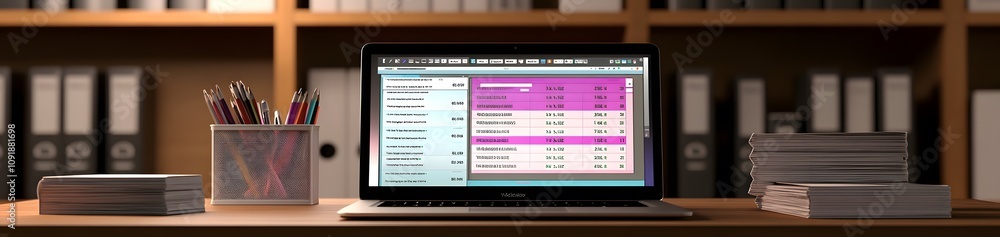 Poster a laptop displaying a spreadsheet on a desk with organized files and stationery.