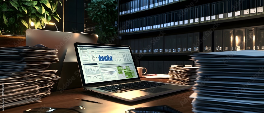 Poster a cluttered office desk with a laptop displaying data analysis and stacks of paperwork.