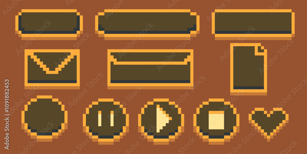 Poster minimalistic yellow icon set on brown background, set of minimalist ui icons, pixel art speech boxes