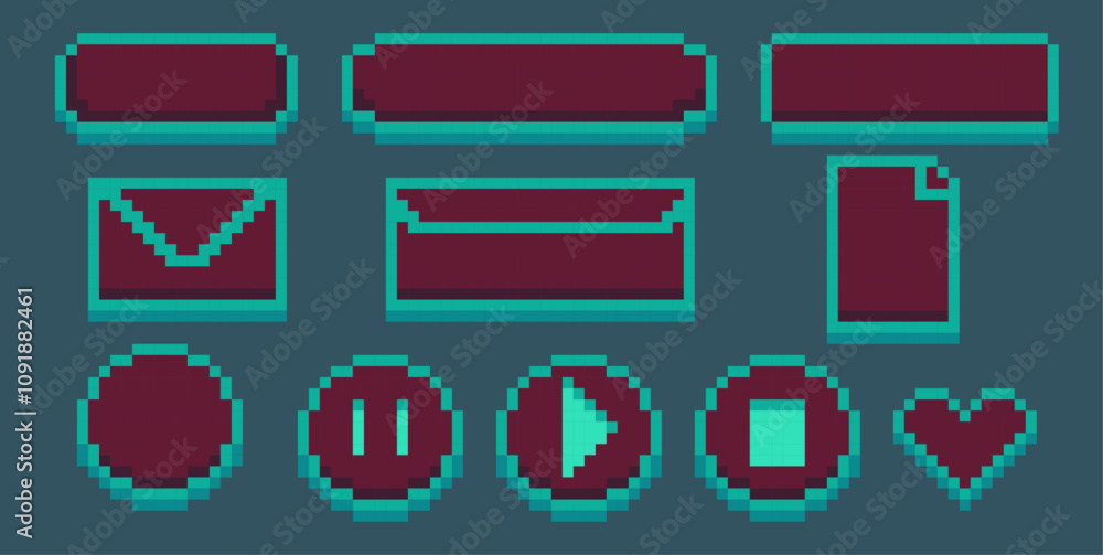 Poster set of minimalist ui icons in teal and maroon, pixel art speech boxes, dialogue boxes assets for ret