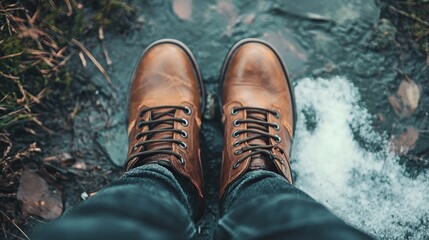 Brown leather boots on a wet and muddy path