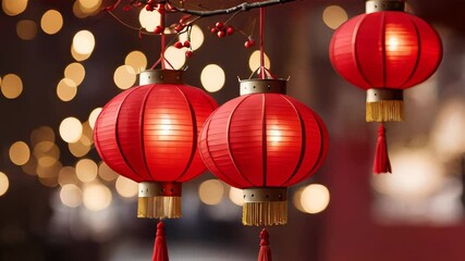 Traditional Chinese lanterns close-up with warm bokeh, celebrating Lunar New Year, video