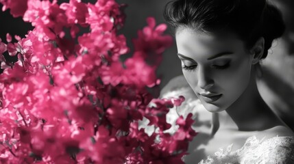 Naklejka premium Woman smelling pink flowers, monochrome portrait.