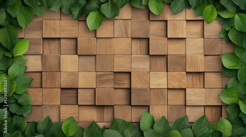 Poster transform your space with a 3d textured wood wall, featuring square blocks and lush green leaves for