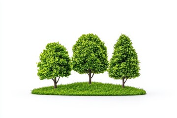 Three lush green trees on a small patch of grass, creating a serene natural scene against a plain white background.