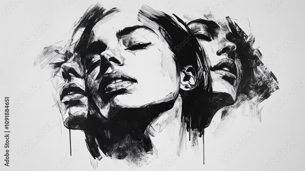 Leinwandbilder black and white ink portraits illustrate deep emotions through expressive line work and contrasting 