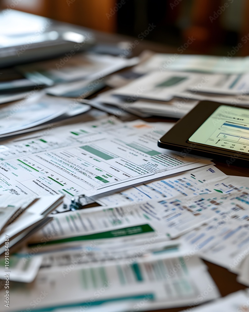 Poster a cluttered workspace with various documents and a tablet displaying data.