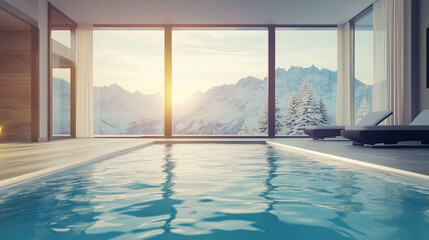 Fototapeta premium Spa area with a swimming pool in the center in a luxury mountain hotel