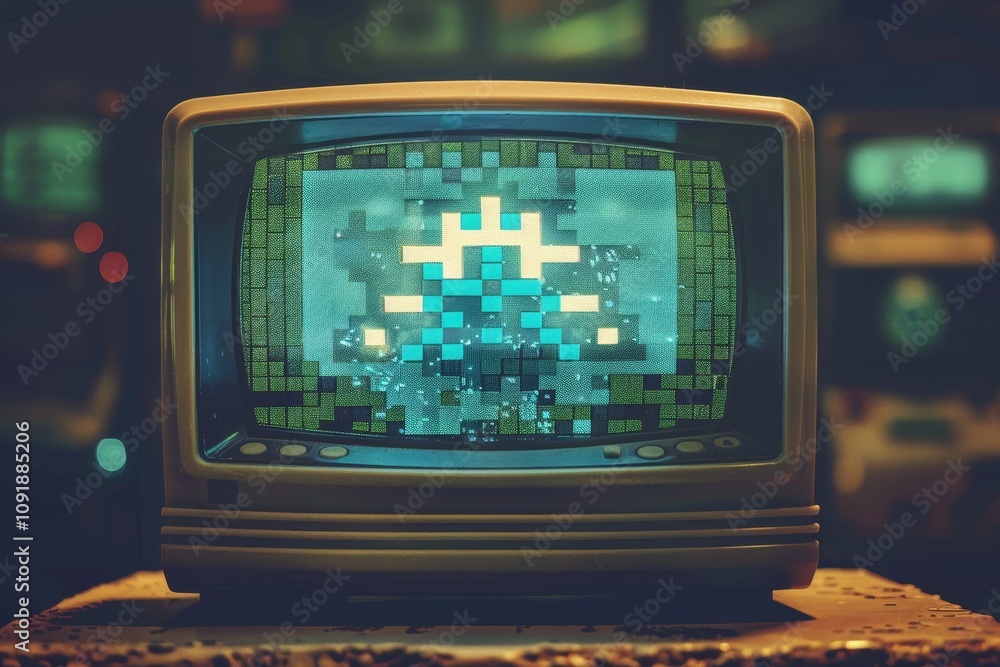 Poster a classic computer monitor shows an intricate pixel art design featuring bright colors in a nostalgi