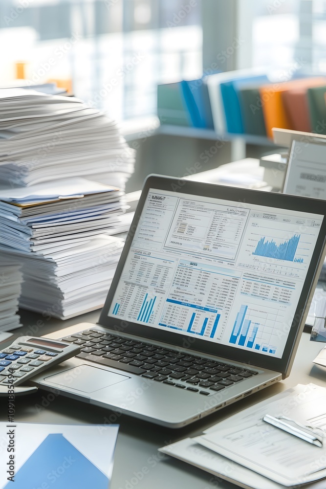 Aufkleber a laptop displaying data analytics amidst stacks of paperwork and a calculator.