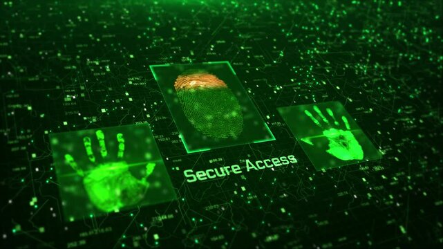 Animation of a Fingerprint reader hand scanning for Futuristic personal identification Biometric authentication security scan animation. palm password id blue searching for fingerprints in database