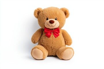 Obraz premium A cute, plush teddy bear with a red bow, perfect for cuddling and gifting, symbolizing comfort and affection.