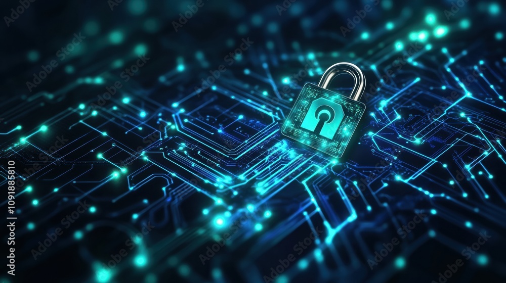 Poster this digital abstract background showcases an intricate design of padlocks and keys, symbolizing sec