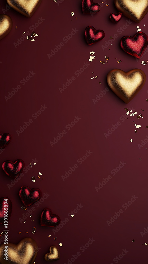 Fototapete luxurious valentine's day background featuring rich burgundy base with scattered gold foil heart sha