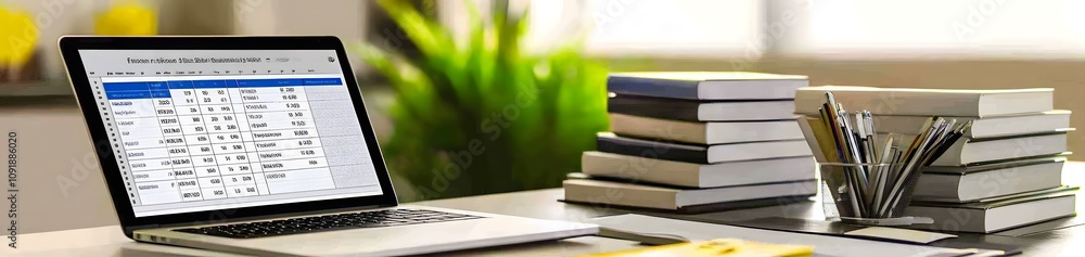 Poster a laptop displaying a spreadsheet beside a stack of books on a desk.