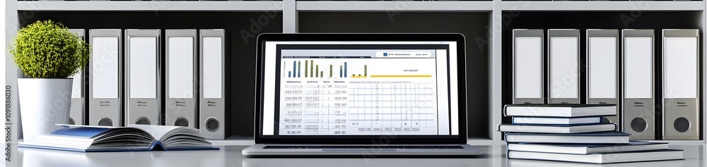 Aufkleber a laptop displaying data charts on a desk with organized folders and books.