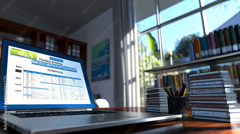 Poster a laptop displaying a spreadsheet on a desk with bookshelves in the background.