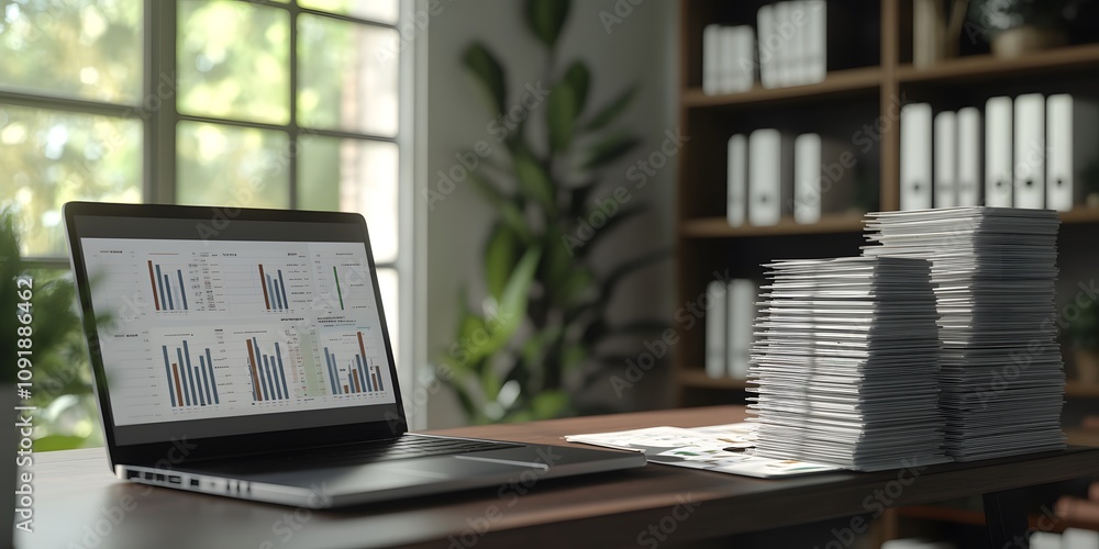 Poster a laptop displaying data charts beside a stack of documents in a modern office setting.