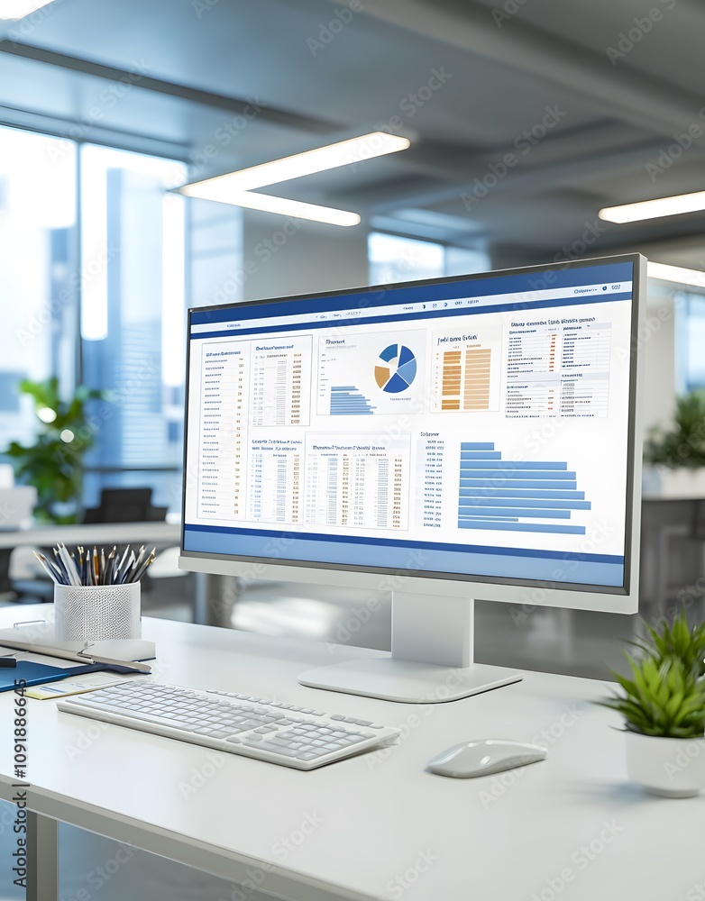 Poster a modern office desk with a computer displaying data analytics and charts.