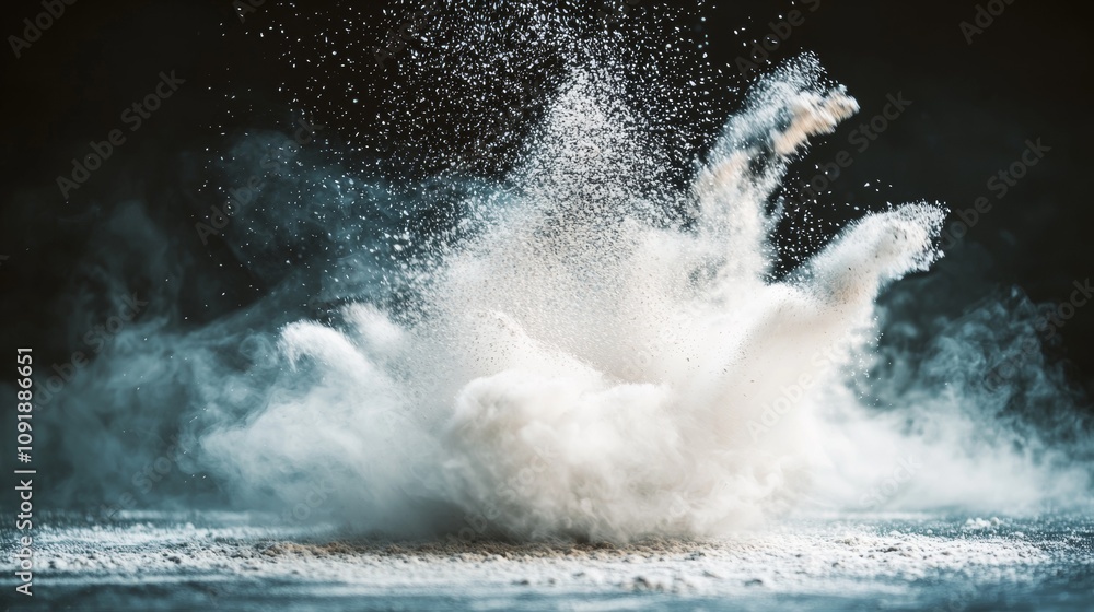 Poster exploding white powder captured in dynamic motion