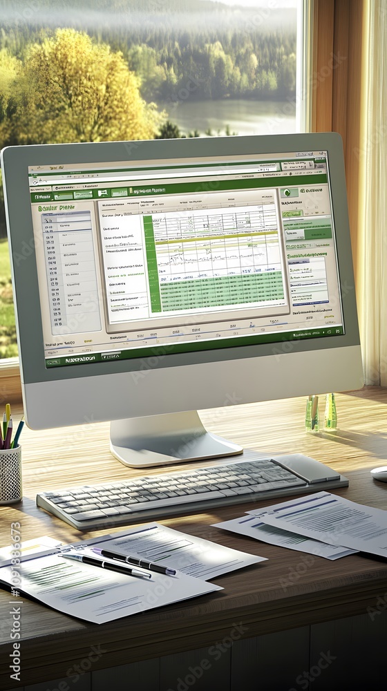 Aufkleber a computer displaying a spreadsheet on a desk with papers and a scenic view outside.