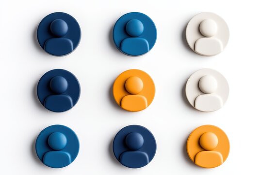 A grid of colorful, circular icons representing user profiles, featuring various shades of blue, orange, and white, set against a clean white background.