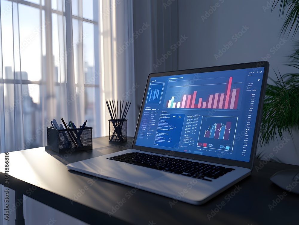 Poster a laptop displaying data analytics in a modern office setting.
