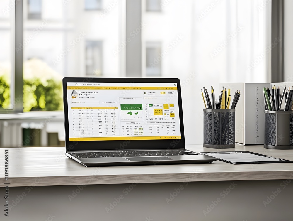 Poster a laptop displaying data analysis on a desk with stationery and a bright window view.
