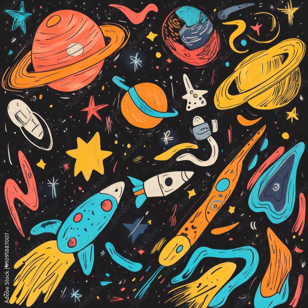 Poster colorful doodles of planets, rockets, astronauts, and stars create a playful cosmic atmosphere fille