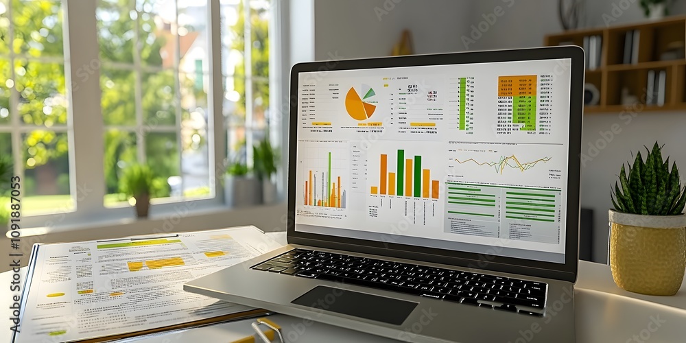 Poster a laptop displaying data visualizations and reports in a bright workspace.