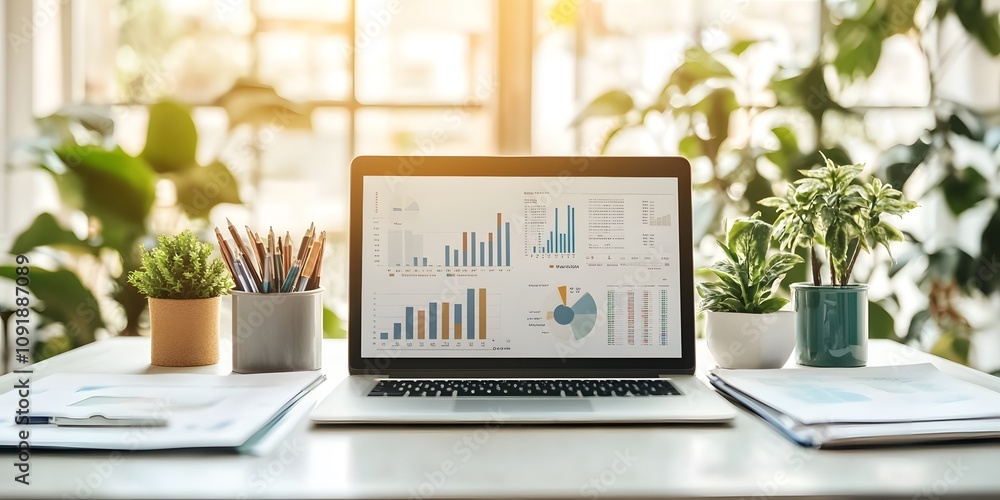 Poster a laptop displaying data analytics charts on a desk surrounded by plants and stationery.