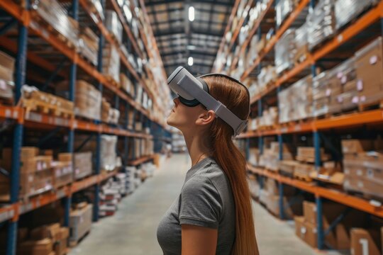 In a spacious warehouse, a woman wearing virtual reality goggles stands among shelves packed with boxes, immersed in a training exercise. - Powered by Adobe