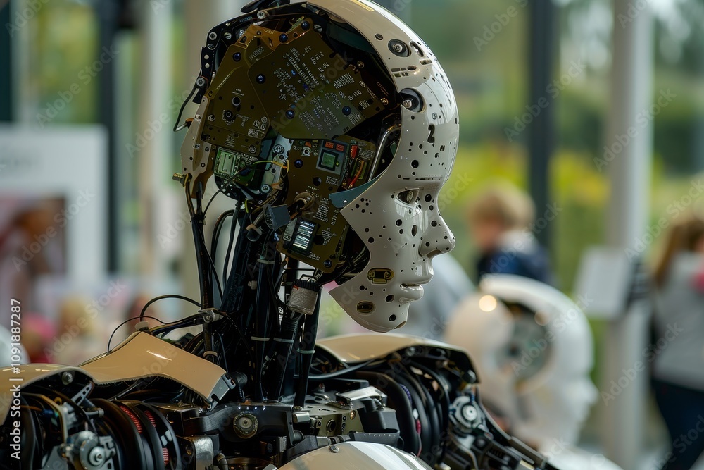 Poster a robotic mannequin displays intricate internal technology at a technology fair, highlighting advanc