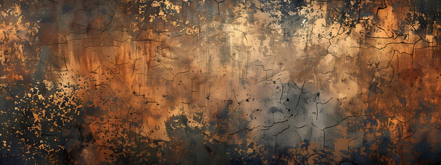 Fototapeta premium A textured abstract wall with rich hues of orange, brown, and dark blue, showcasing a rustic and weathered appearance.