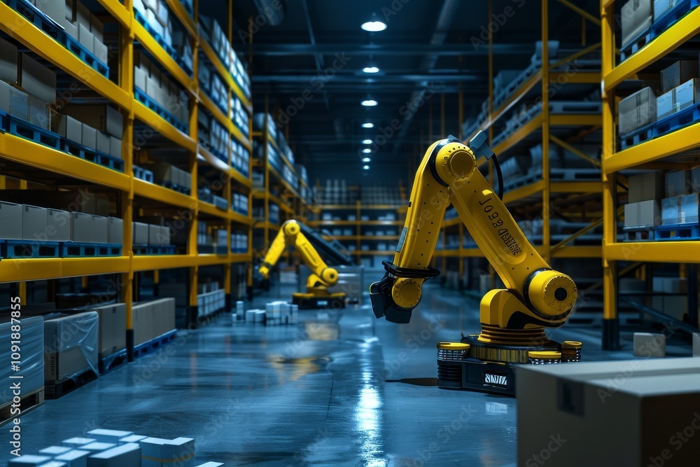 Poster robotic arms efficiently manage package sorting in a spacious warehouse filled with neatly arranged 