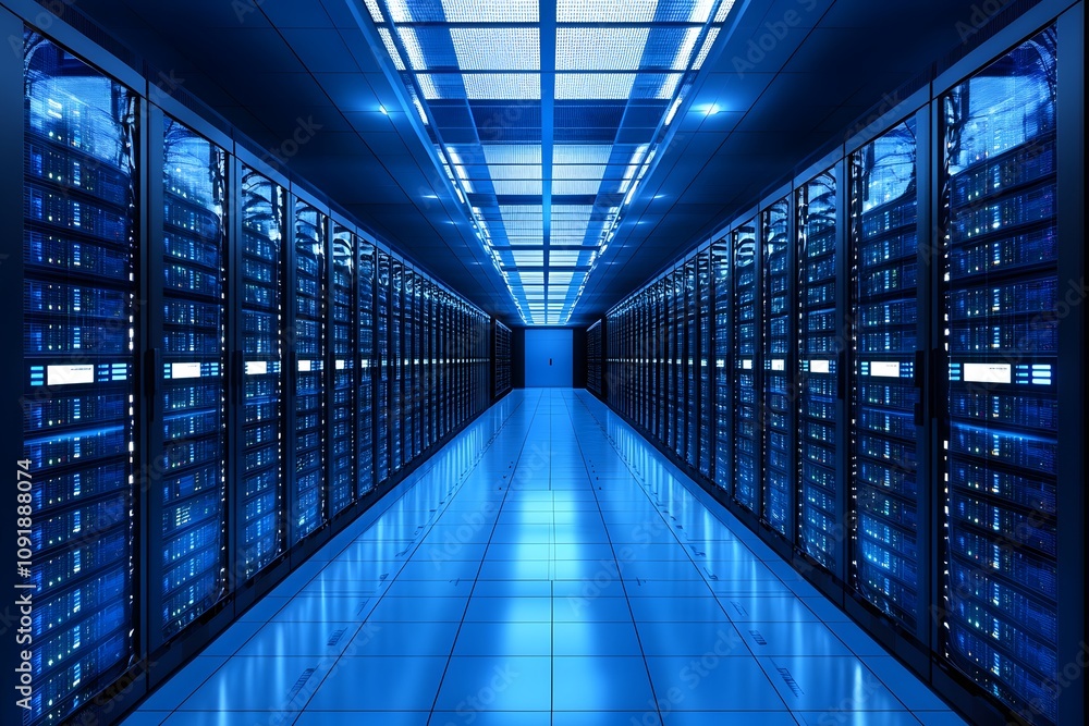 Poster a futuristic server room with blue lighting and rows of data storage units.