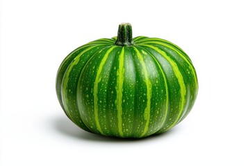A vibrant green striped pumpkin with a rounded shape, showcasing its unique texture and color against a white background.